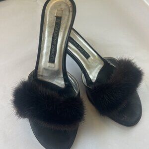 Giuseppe Zanotti Black Leather Kitten Heel Slides With Mink Fur